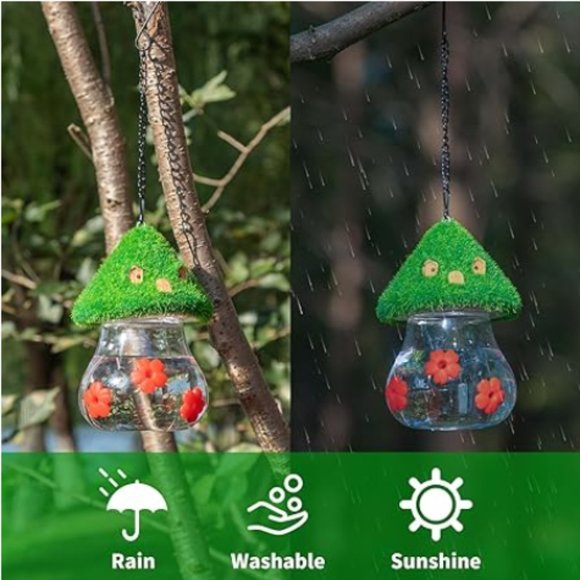 Hummingbird Feeder w/ Green Thatched Roof Style + 3 Red Petal Spouts - Picture 6 of 11